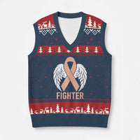 Endometrial Cancer Fighter V-Neck Knit Sweater Vest Peach Ribbon Angel Wings Survivor