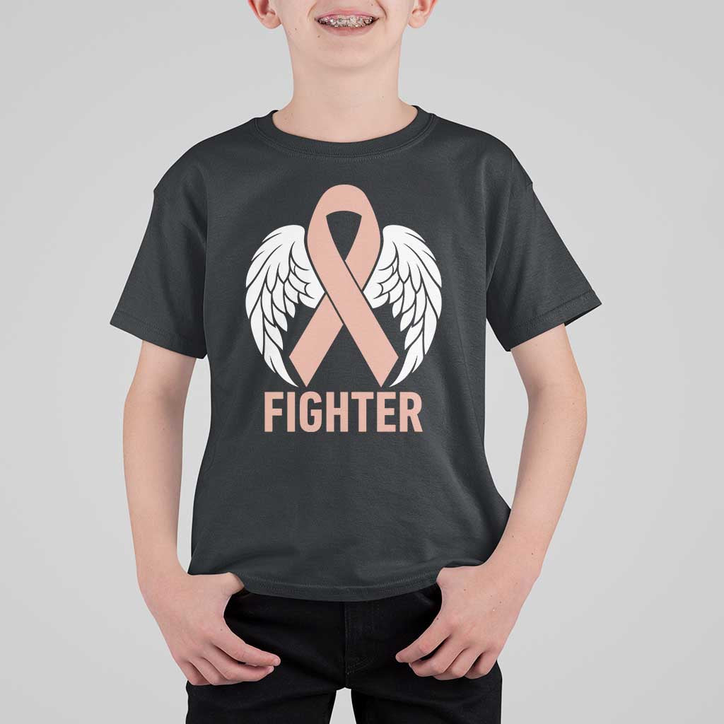 Endometrial Cancer Fighter T Shirt For Kid Peach Ribbon Angel Wings Survivor