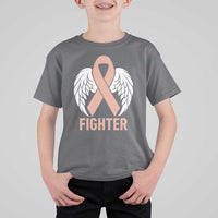 Endometrial Cancer Fighter T Shirt For Kid Peach Ribbon Angel Wings Survivor