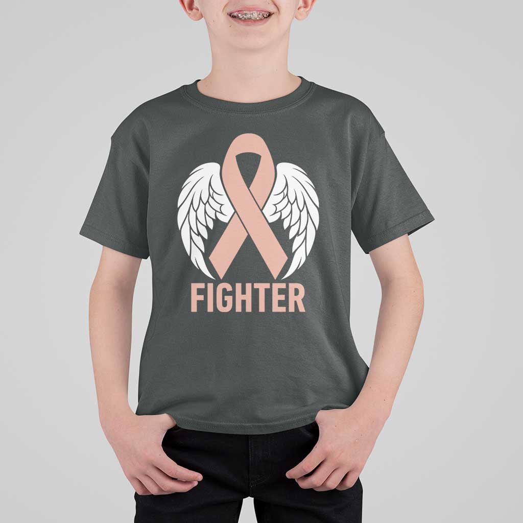 Endometrial Cancer Fighter T Shirt For Kid Peach Ribbon Angel Wings Survivor