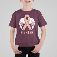 Endometrial Cancer Fighter T Shirt For Kid Peach Ribbon Angel Wings Survivor