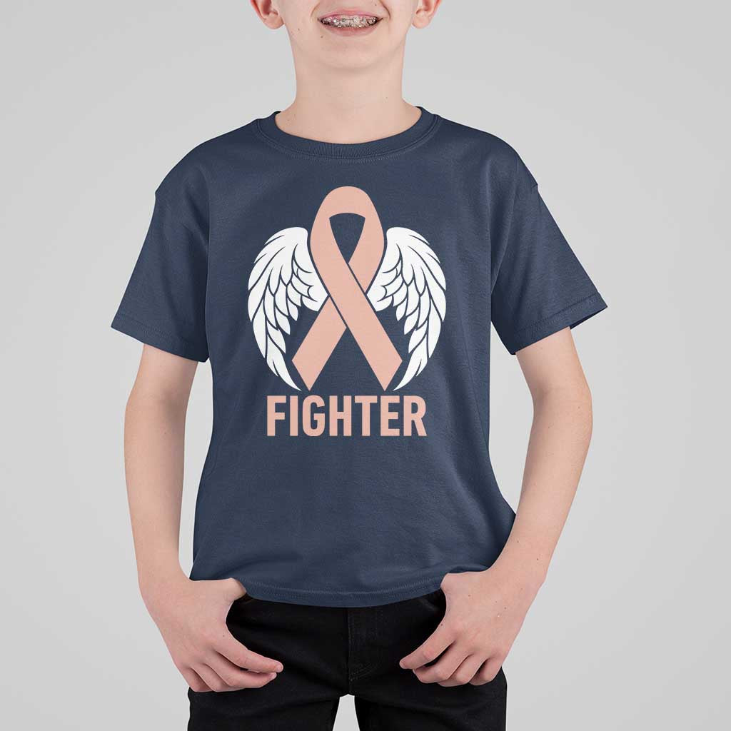 Endometrial Cancer Fighter T Shirt For Kid Peach Ribbon Angel Wings Survivor