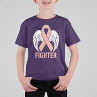 Endometrial Cancer Fighter T Shirt For Kid Peach Ribbon Angel Wings Survivor
