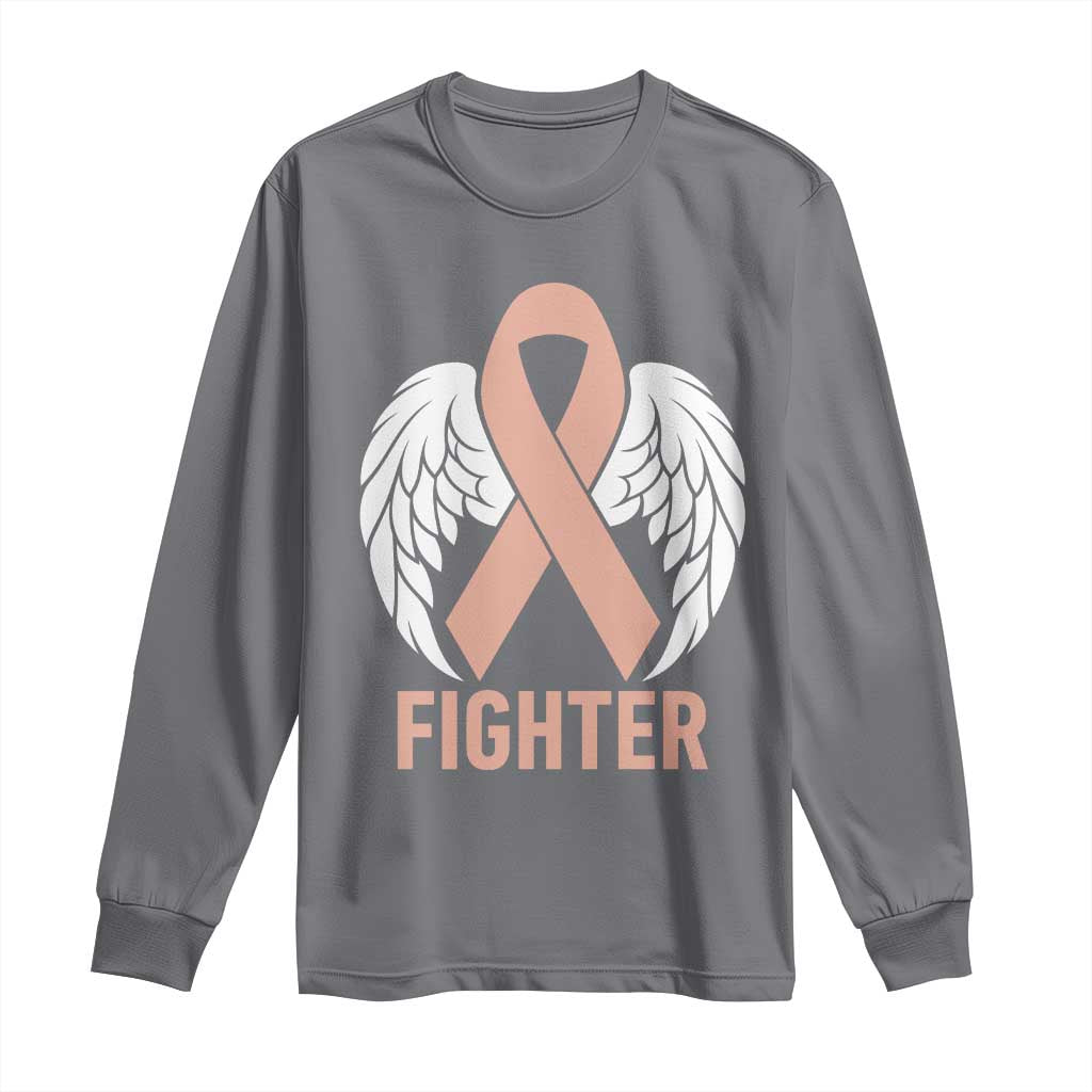 Endometrial Cancer Fighter Long Sleeve Shirt Peach Ribbon Angel Wings Survivor