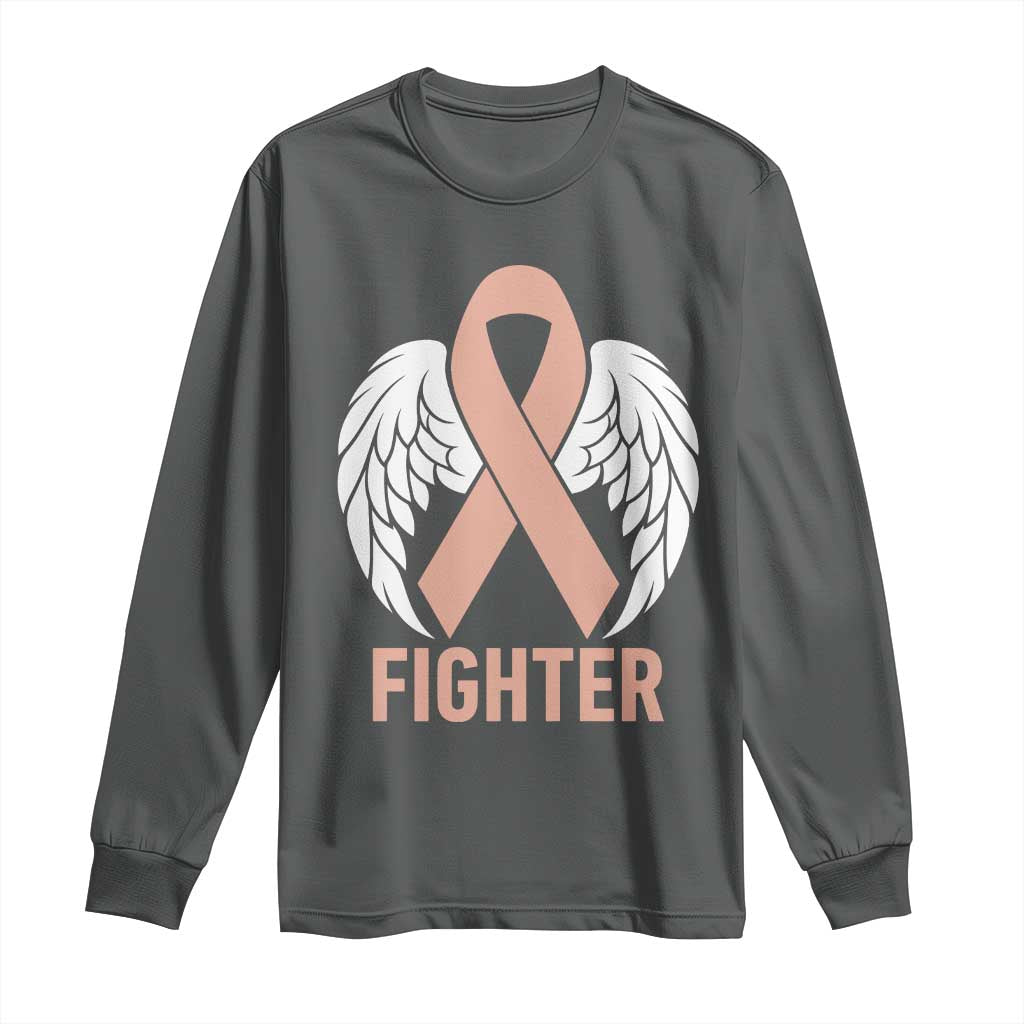 Endometrial Cancer Fighter Long Sleeve Shirt Peach Ribbon Angel Wings Survivor