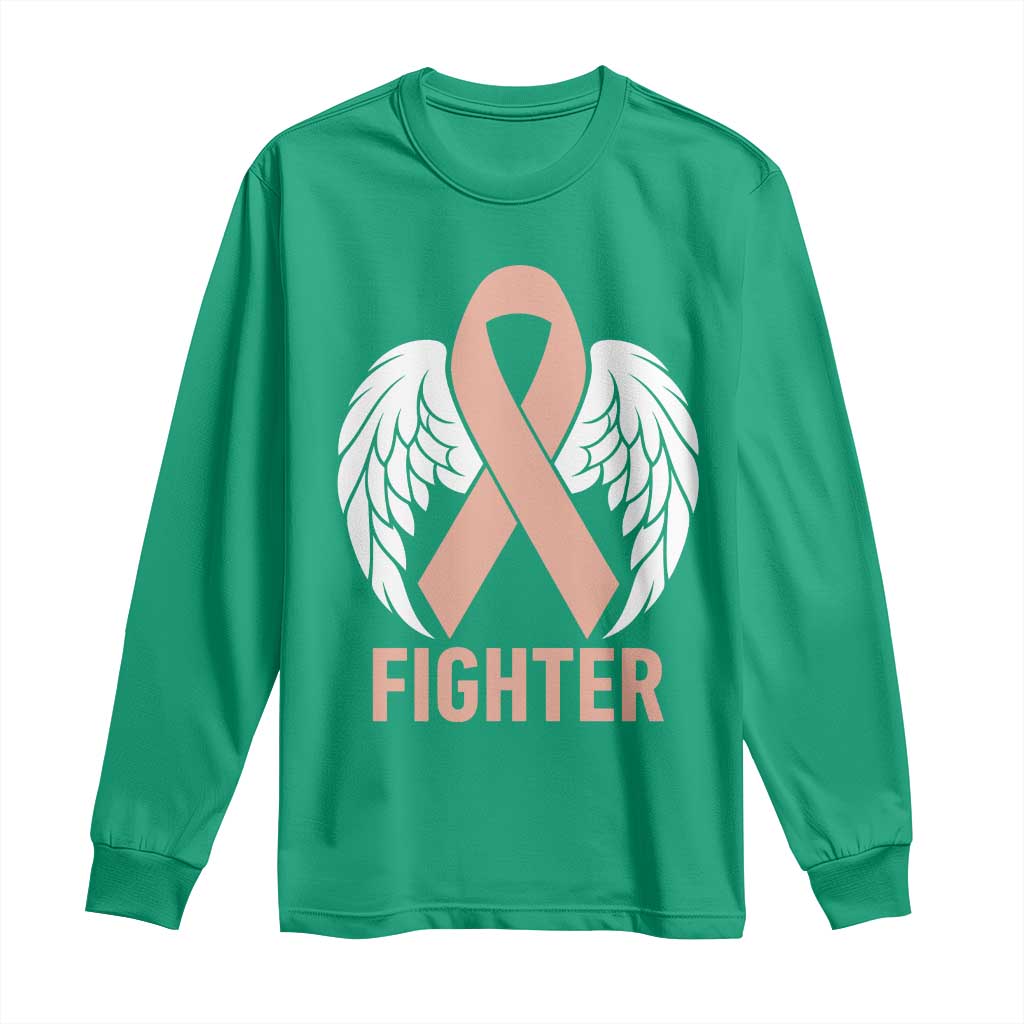 Endometrial Cancer Fighter Long Sleeve Shirt Peach Ribbon Angel Wings Survivor