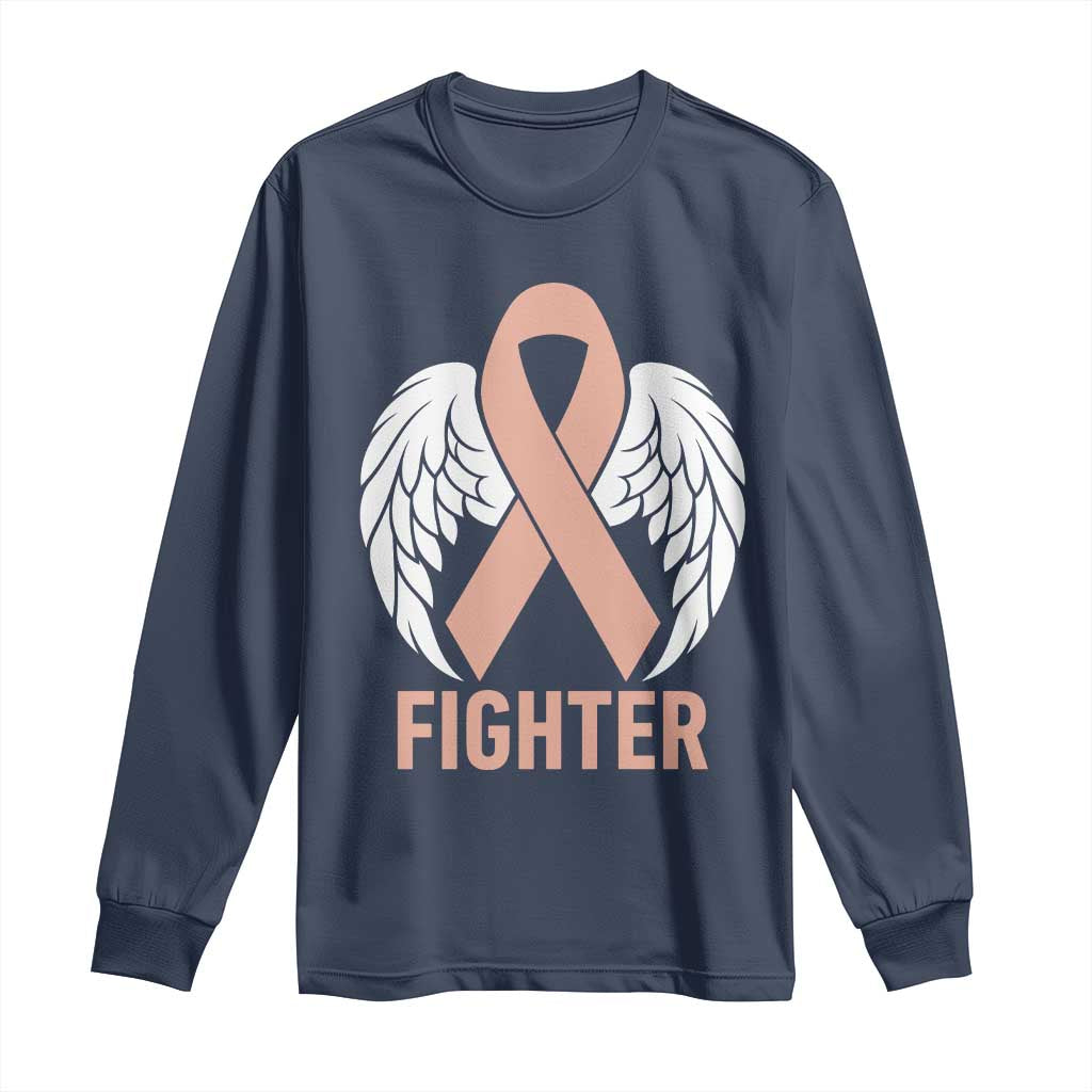 Endometrial Cancer Fighter Long Sleeve Shirt Peach Ribbon Angel Wings Survivor