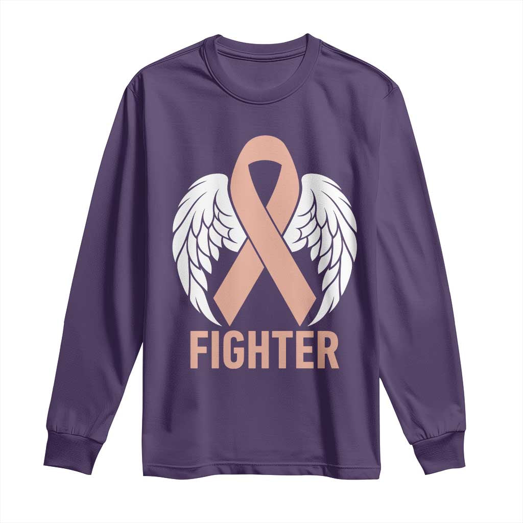 Endometrial Cancer Fighter Long Sleeve Shirt Peach Ribbon Angel Wings Survivor
