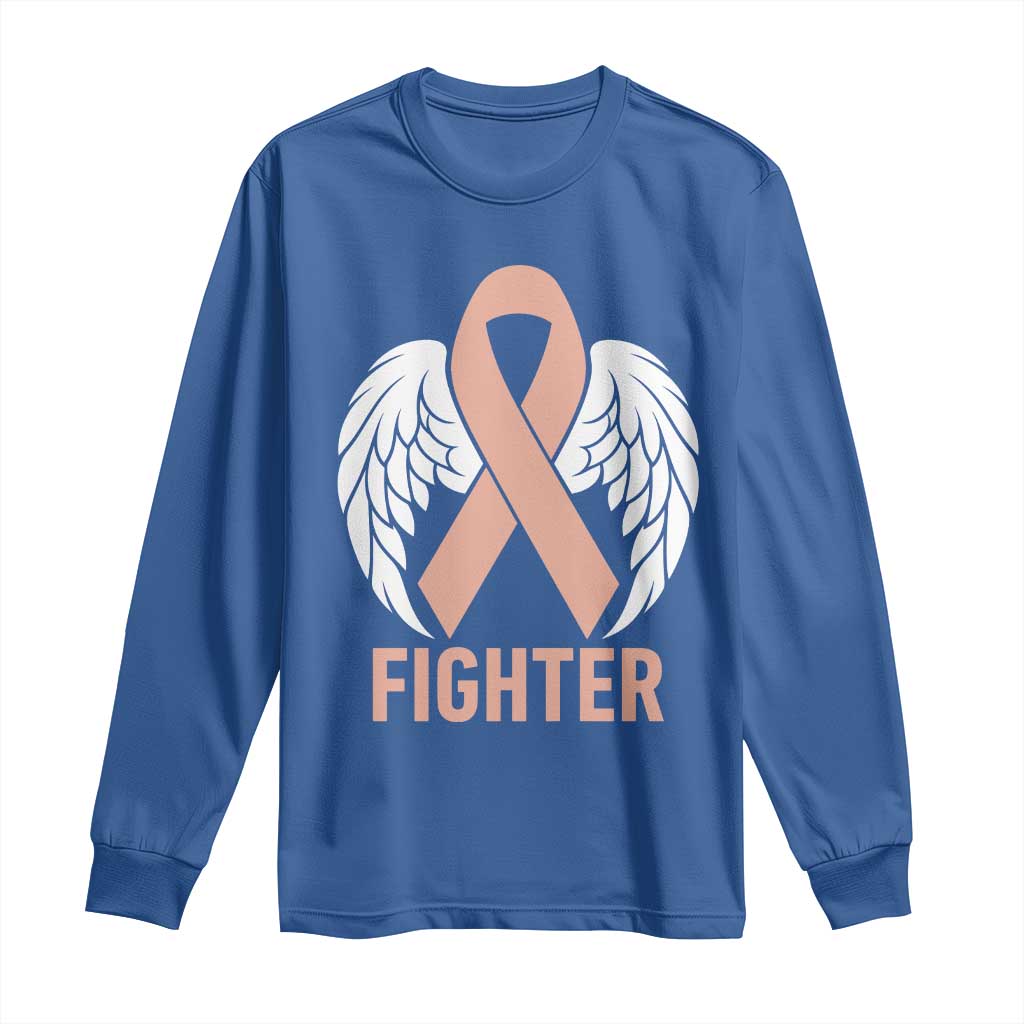 Endometrial Cancer Fighter Long Sleeve Shirt Peach Ribbon Angel Wings Survivor