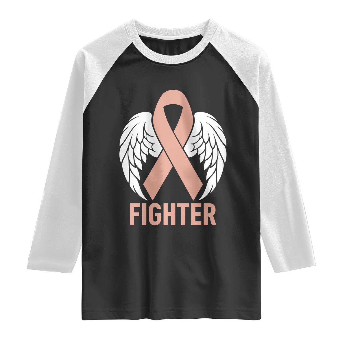 Endometrial Cancer Fighter Raglan Shirt Peach Ribbon Angel Wings Survivor