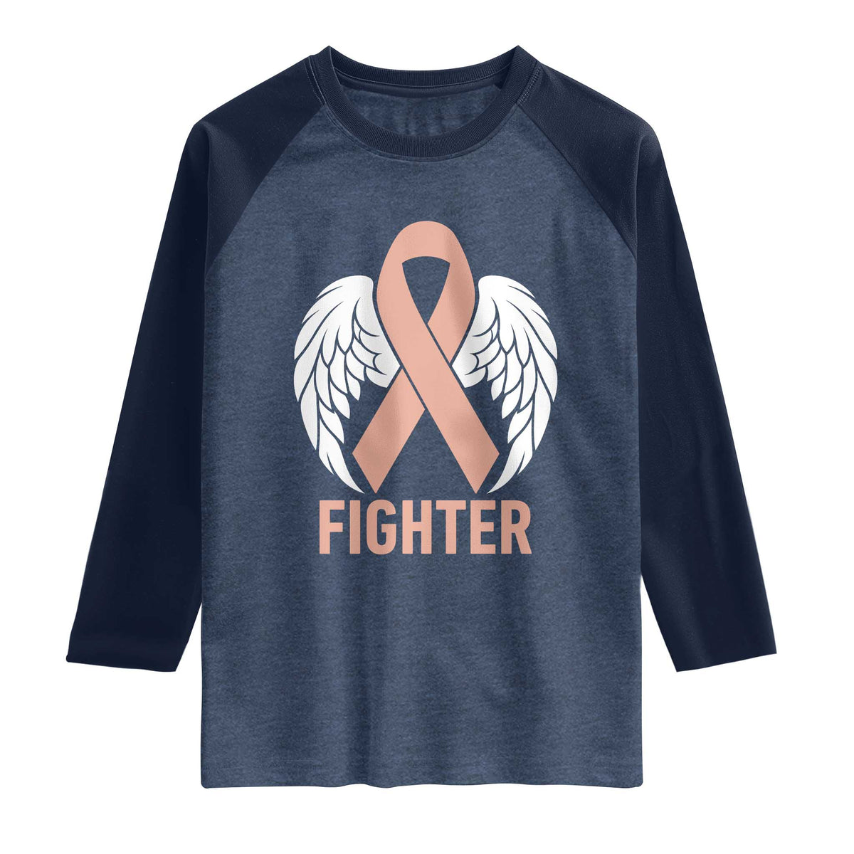 Endometrial Cancer Fighter Raglan Shirt Peach Ribbon Angel Wings Survivor