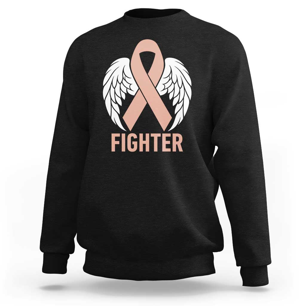 Endometrial Cancer Fighter Sweatshirt Peach Ribbon Angel Wings Survivor