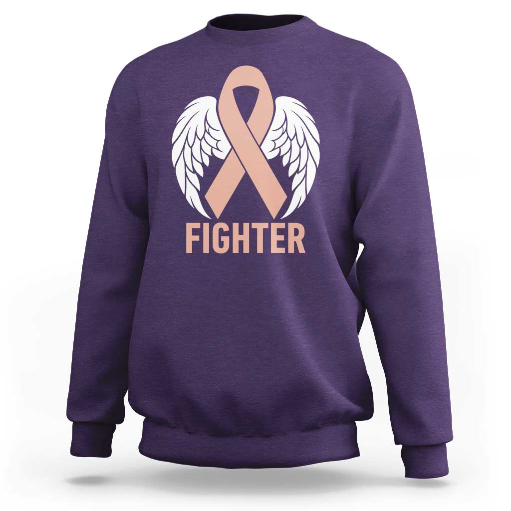 Endometrial Cancer Fighter Sweatshirt Peach Ribbon Angel Wings Survivor