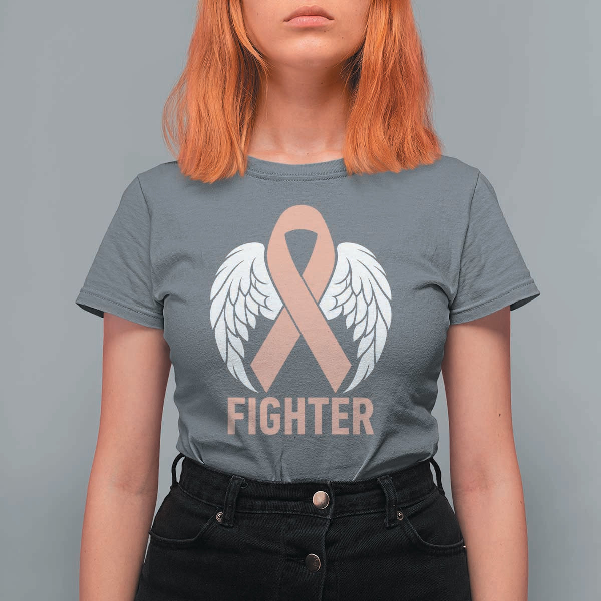 Endometrial Cancer Fighter T Shirt For Women Peach Ribbon Angel Wings Survivor
