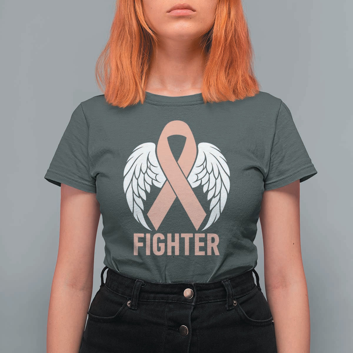 Endometrial Cancer Fighter T Shirt For Women Peach Ribbon Angel Wings Survivor