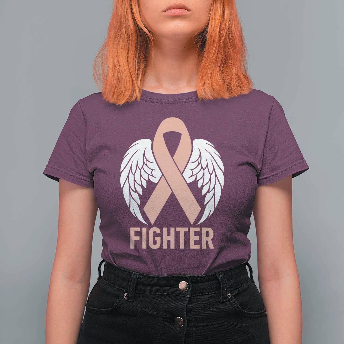 Endometrial Cancer Fighter T Shirt For Women Peach Ribbon Angel Wings Survivor