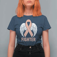 Endometrial Cancer Fighter T Shirt For Women Peach Ribbon Angel Wings Survivor