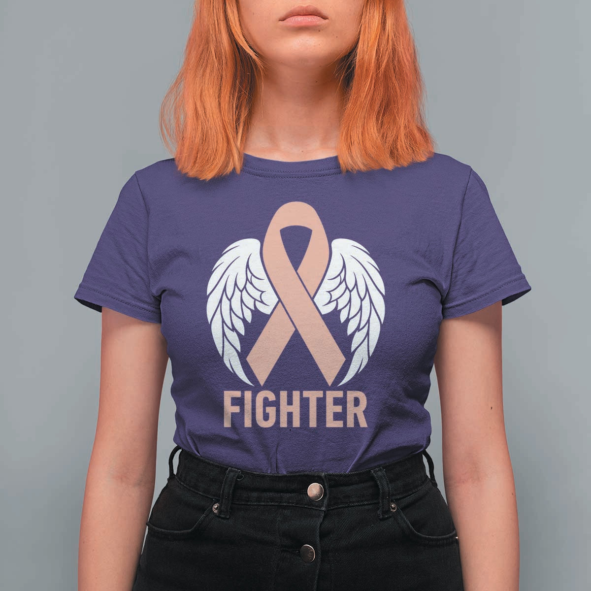 Endometrial Cancer Fighter T Shirt For Women Peach Ribbon Angel Wings Survivor