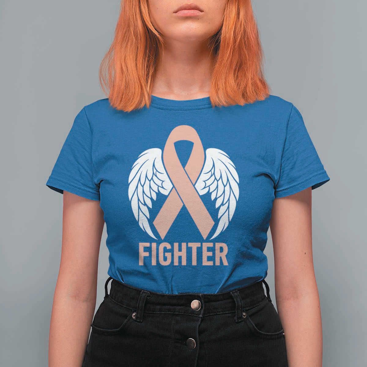 Endometrial Cancer Fighter T Shirt For Women Peach Ribbon Angel Wings Survivor
