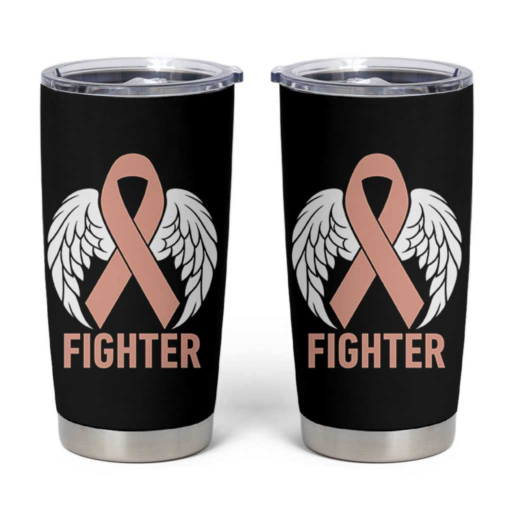 Endometrial Cancer Fighter Tumbler Cup Peach Ribbon Angel Wings Survivor