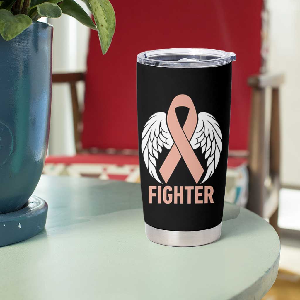 Endometrial Cancer Fighter Tumbler Cup Peach Ribbon Angel Wings Survivor