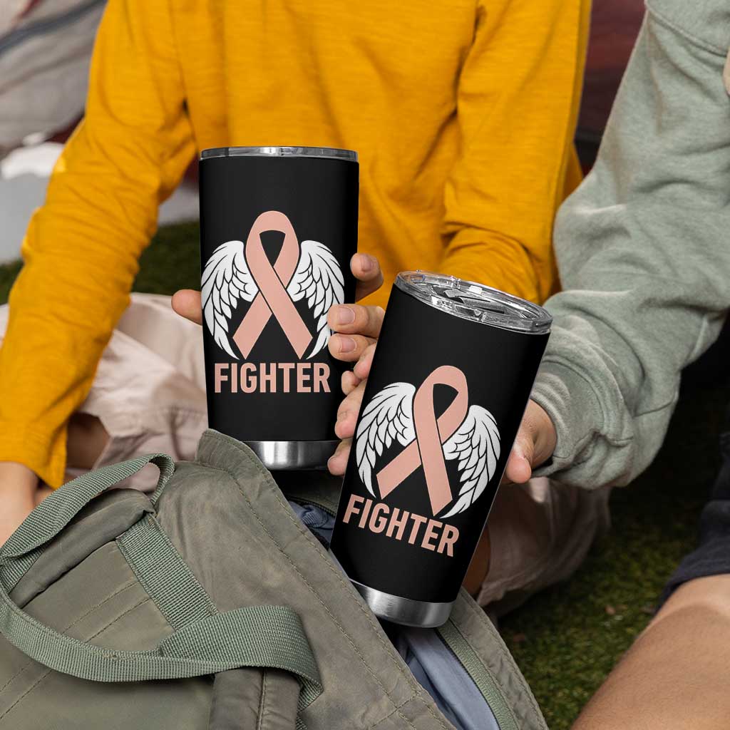 Endometrial Cancer Fighter Tumbler Cup Peach Ribbon Angel Wings Survivor