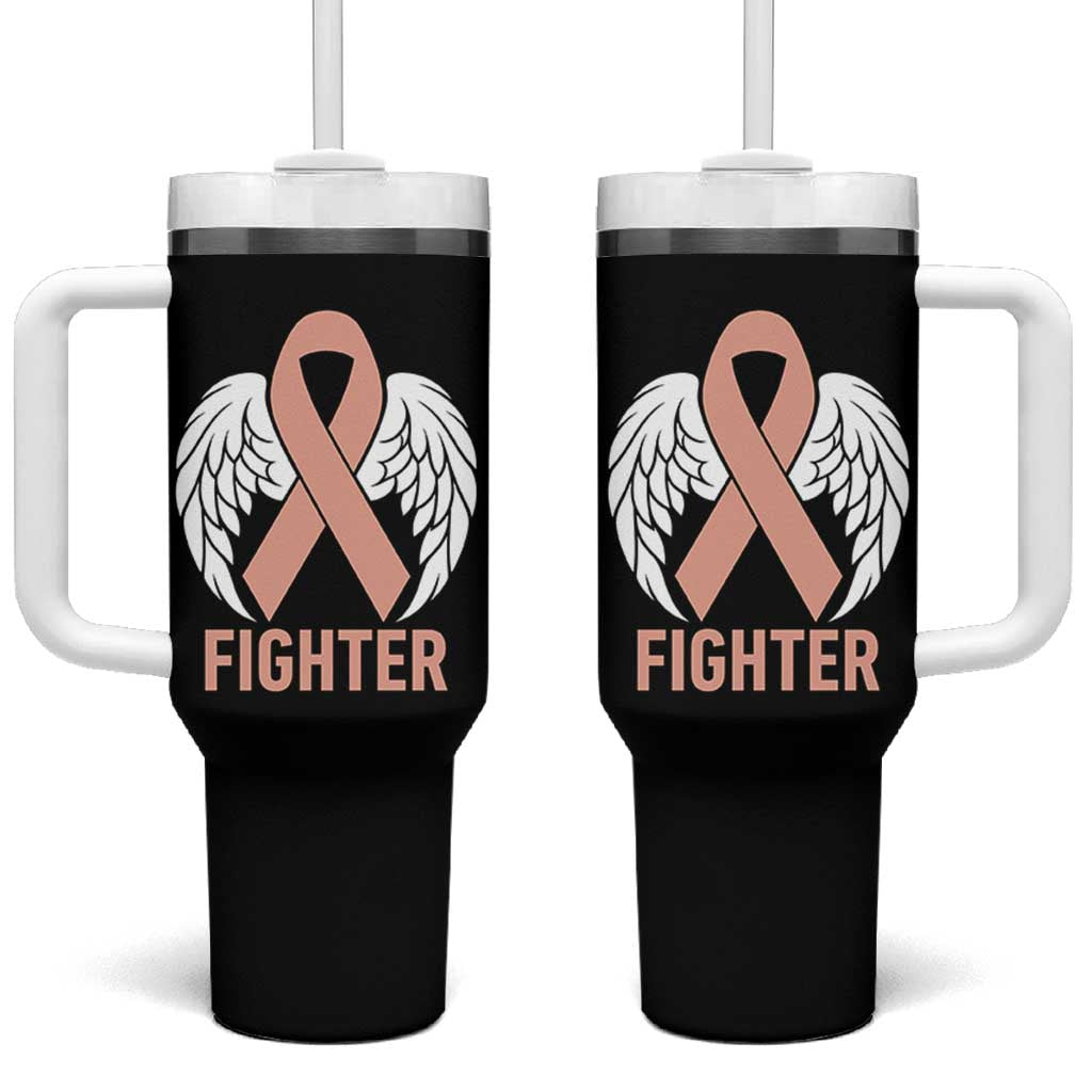 Endometrial Cancer Fighter Tumbler With Handle Peach Ribbon Angel Wings Survivor