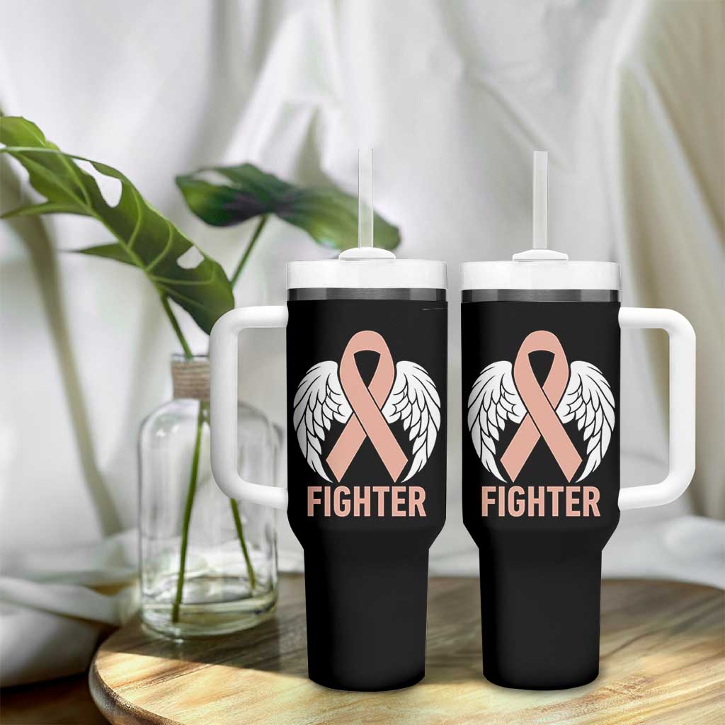 Endometrial Cancer Fighter Tumbler With Handle Peach Ribbon Angel Wings Survivor