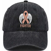 Endometrial Cancer Fighter Washed Cotton Baseball Cap Peach Ribbon Angel Wings Survivor