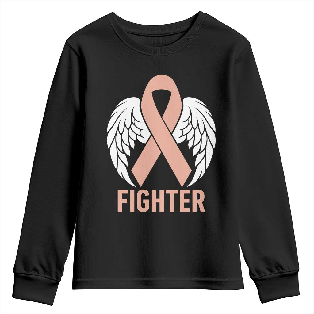 Endometrial Cancer Fighter Youth Sweatshirt Peach Ribbon Angel Wings Survivor