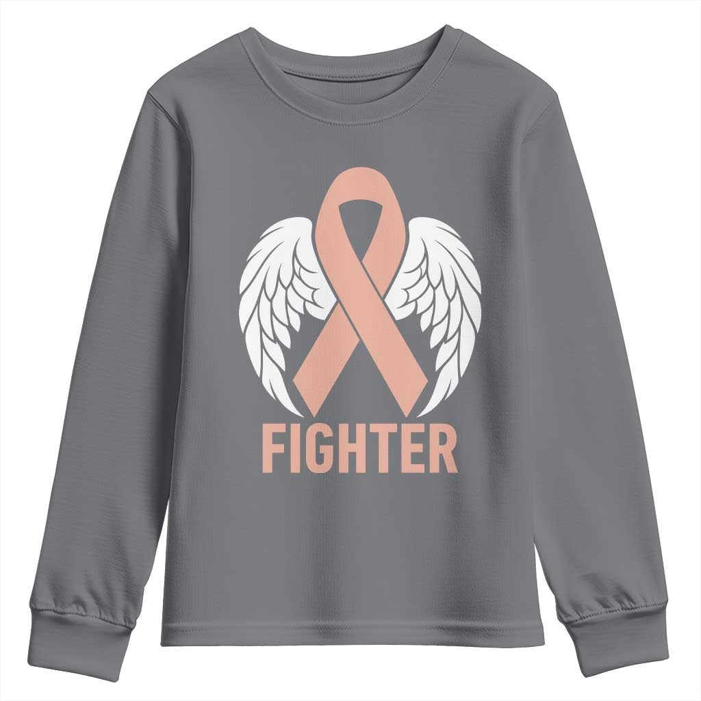 Endometrial Cancer Fighter Youth Sweatshirt Peach Ribbon Angel Wings Survivor