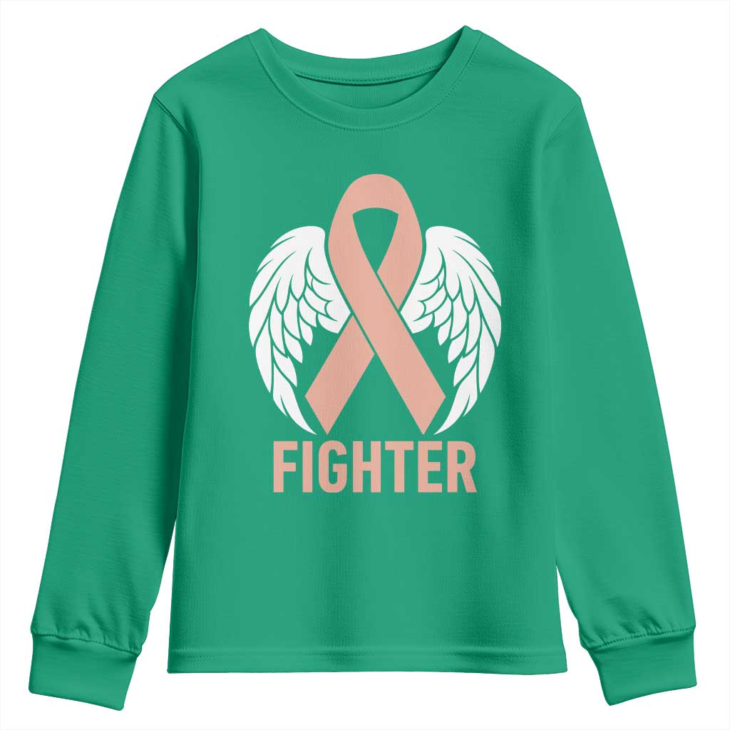 Endometrial Cancer Fighter Youth Sweatshirt Peach Ribbon Angel Wings Survivor