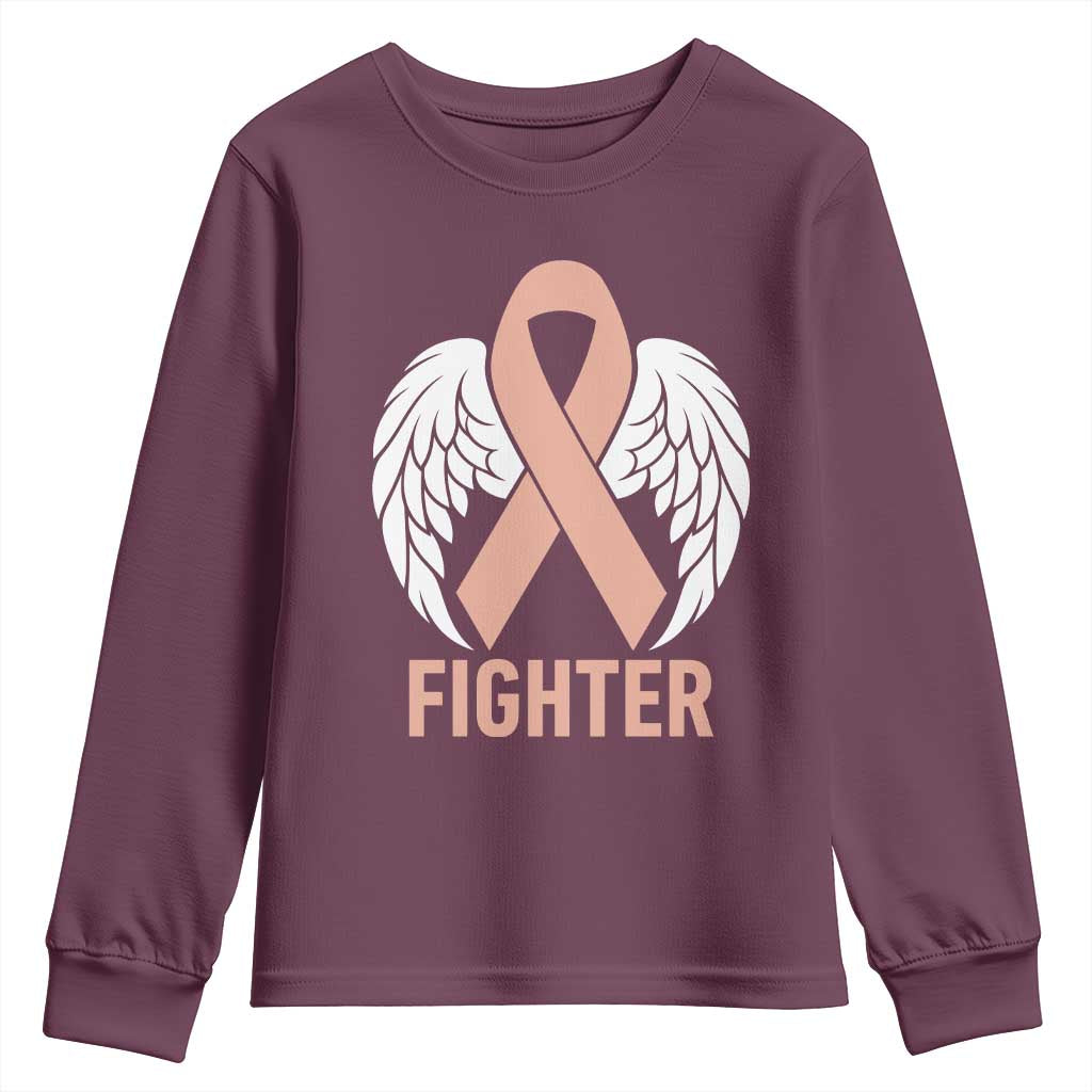 Endometrial Cancer Fighter Youth Sweatshirt Peach Ribbon Angel Wings Survivor