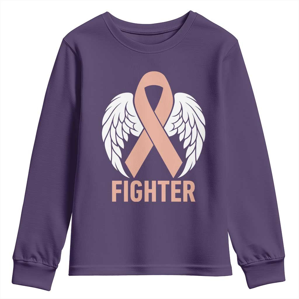 Endometrial Cancer Fighter Youth Sweatshirt Peach Ribbon Angel Wings Survivor