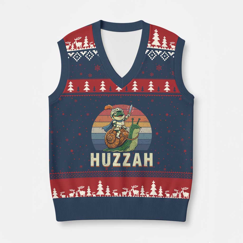 Funny Huzzah Frog Meme V-Neck Knit Sweater Vest Medieval Knight With Sword Graphic