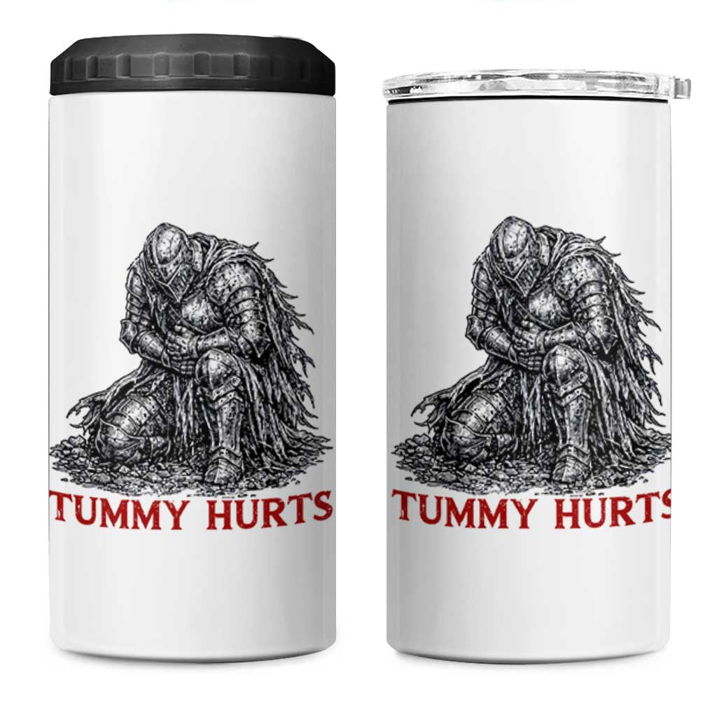 Funny Tummy Hurts Medieval Knight 4 in 1 Can Cooler Tumbler Dark Fantasy Warrior Meme Graphic