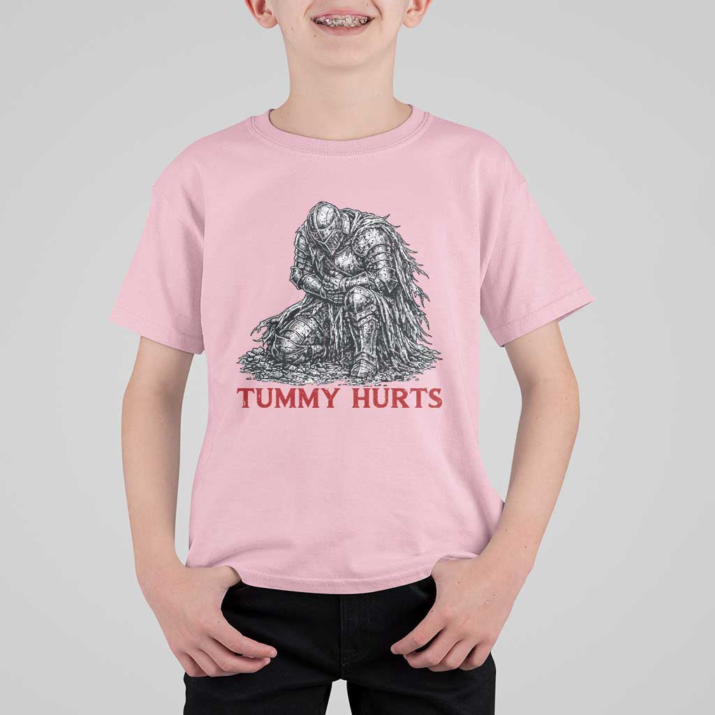 Funny Tummy Hurts Medieval Knight T Shirt For Kid Dark Fantasy Warrior Meme Graphic