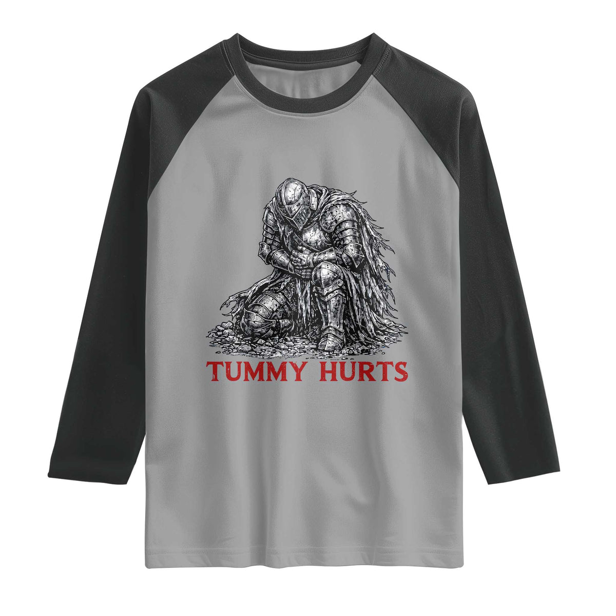 Funny Tummy Hurts Medieval Knight Raglan Shirt Dark Fantasy Warrior Meme Graphic