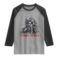 Funny Tummy Hurts Medieval Knight Raglan Shirt Dark Fantasy Warrior Meme Graphic
