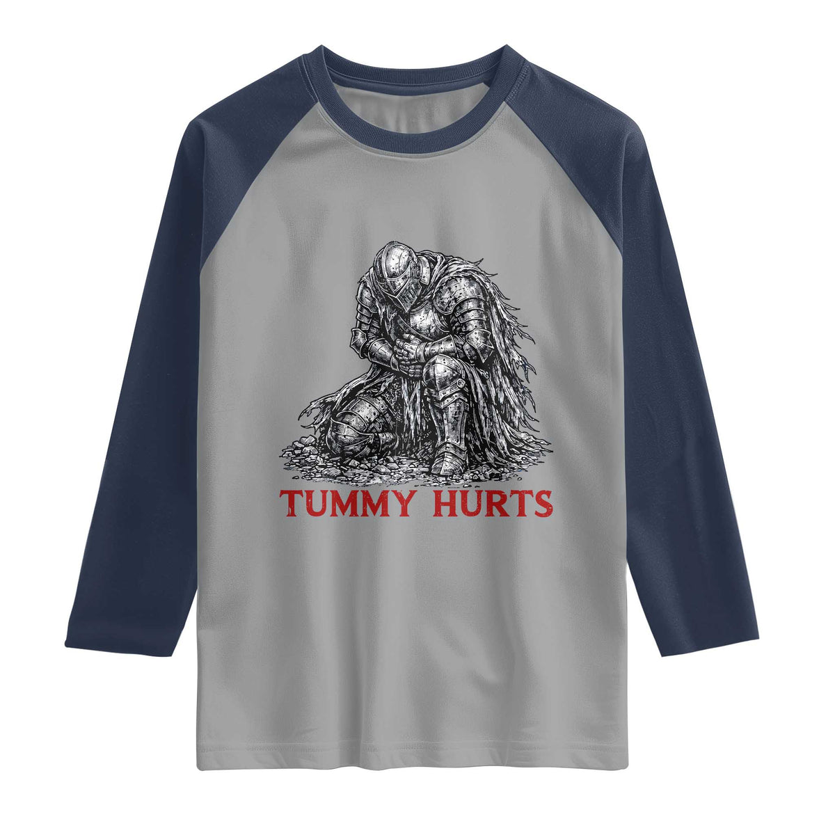 Funny Tummy Hurts Medieval Knight Raglan Shirt Dark Fantasy Warrior Meme Graphic