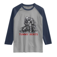 Funny Tummy Hurts Medieval Knight Raglan Shirt Dark Fantasy Warrior Meme Graphic