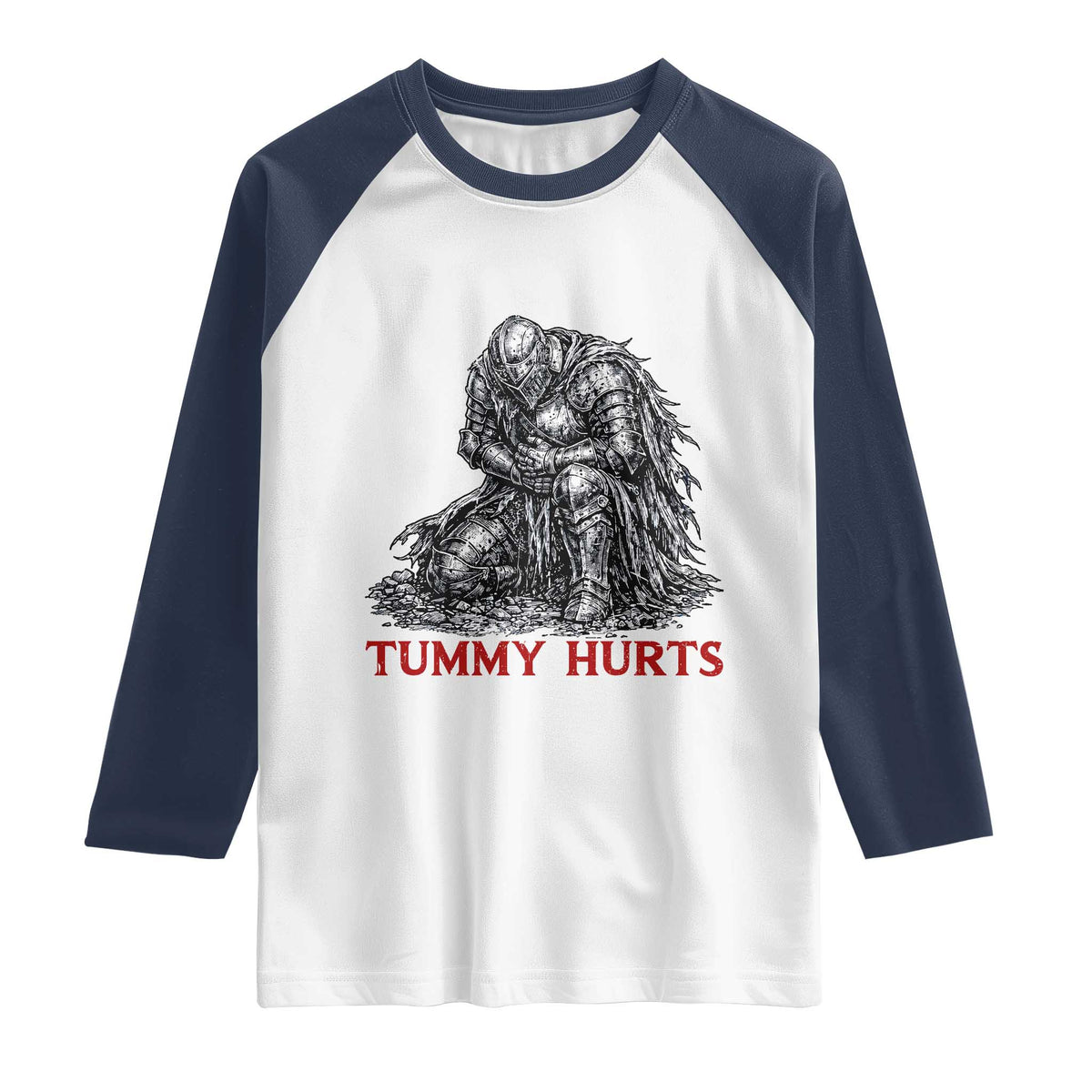 Funny Tummy Hurts Medieval Knight Raglan Shirt Dark Fantasy Warrior Meme Graphic