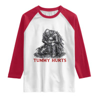 Funny Tummy Hurts Medieval Knight Raglan Shirt Dark Fantasy Warrior Meme Graphic