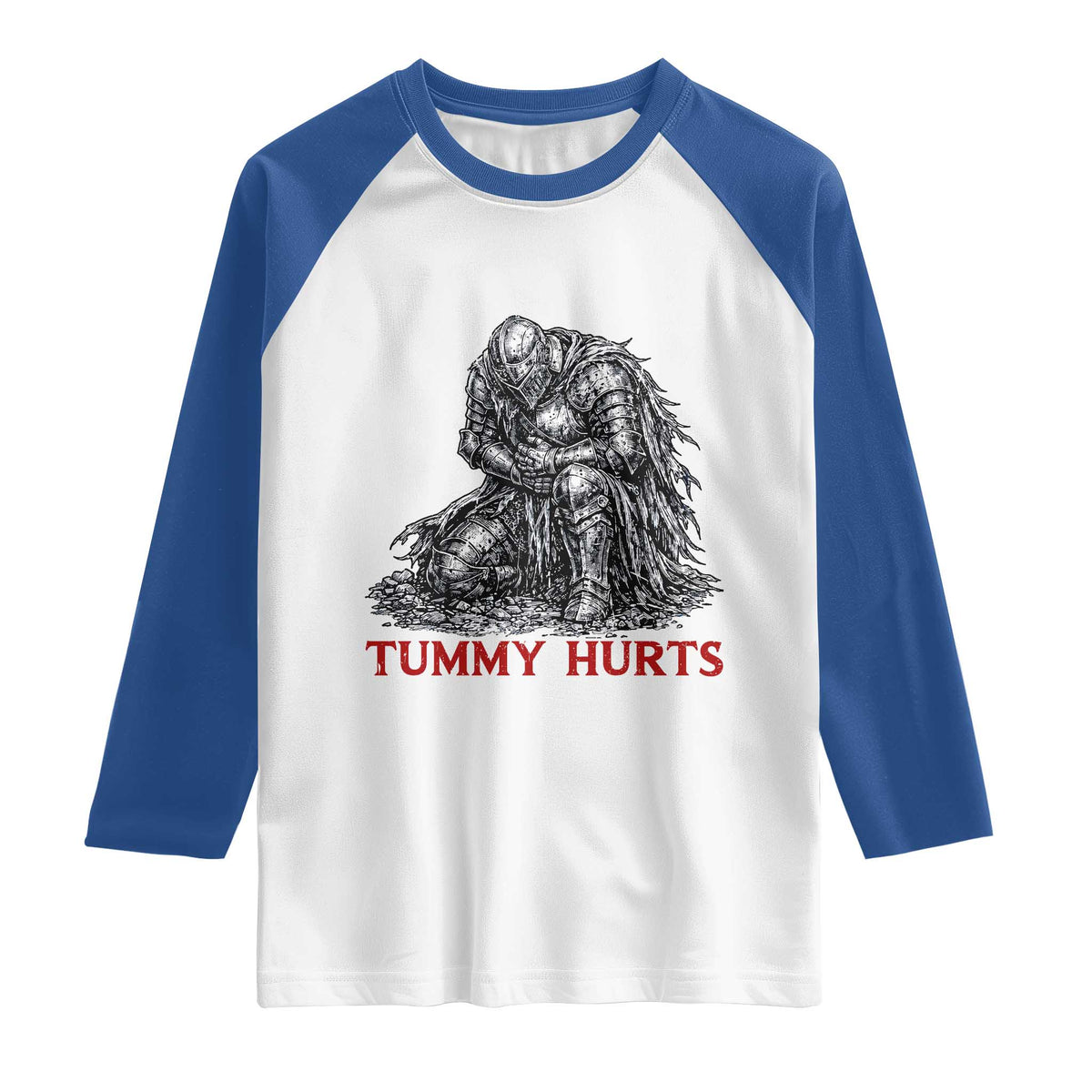 Funny Tummy Hurts Medieval Knight Raglan Shirt Dark Fantasy Warrior Meme Graphic