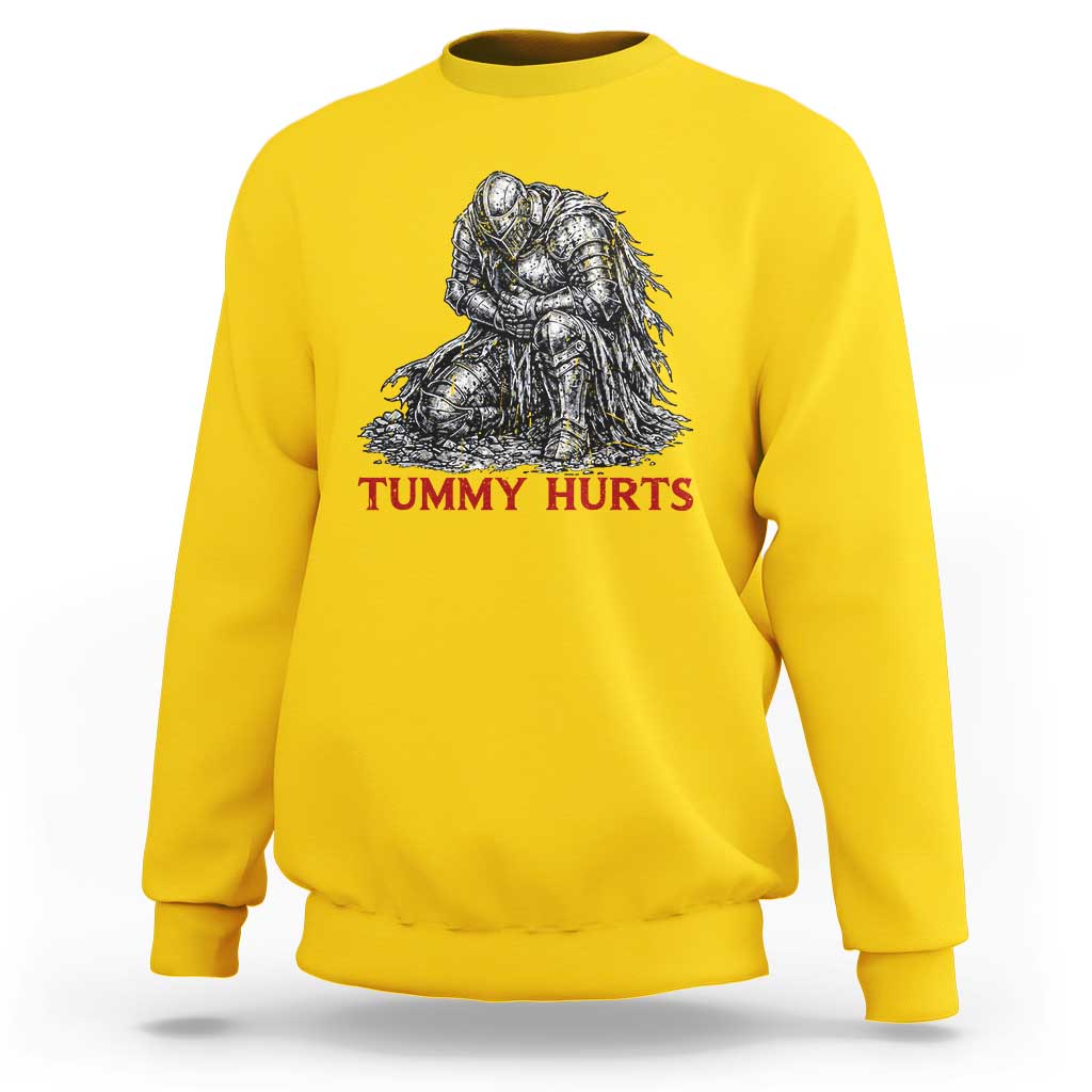 Funny Tummy Hurts Medieval Knight Sweatshirt Dark Fantasy Warrior Meme Graphic