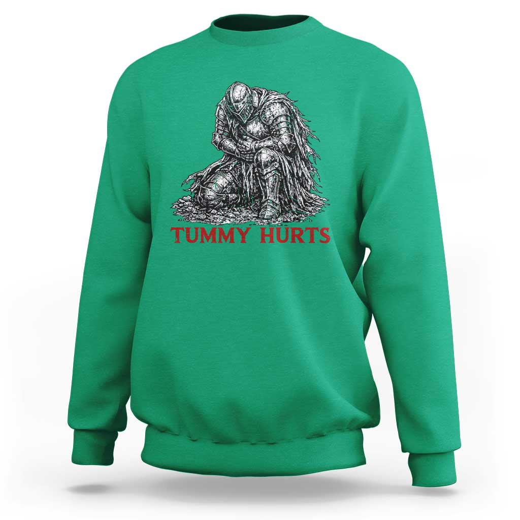 Funny Tummy Hurts Medieval Knight Sweatshirt Dark Fantasy Warrior Meme Graphic