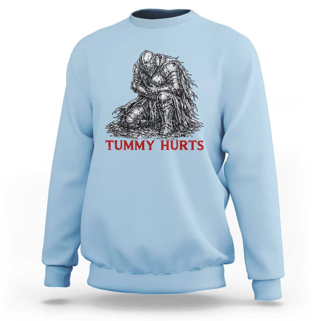 Funny Tummy Hurts Medieval Knight Sweatshirt Dark Fantasy Warrior Meme Graphic