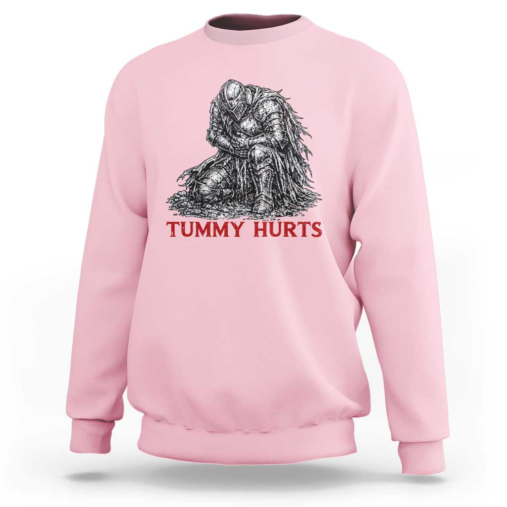 Funny Tummy Hurts Medieval Knight Sweatshirt Dark Fantasy Warrior Meme Graphic