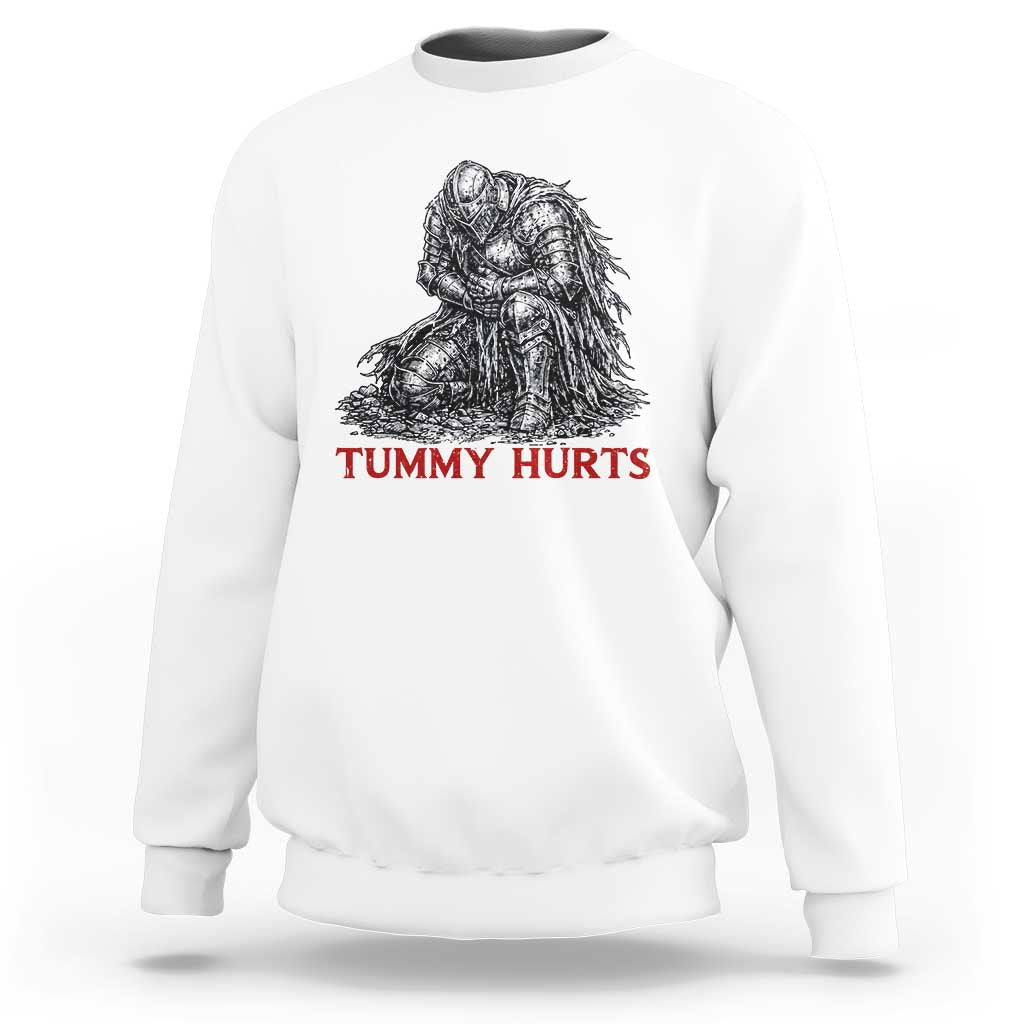 Funny Tummy Hurts Medieval Knight Sweatshirt Dark Fantasy Warrior Meme Graphic