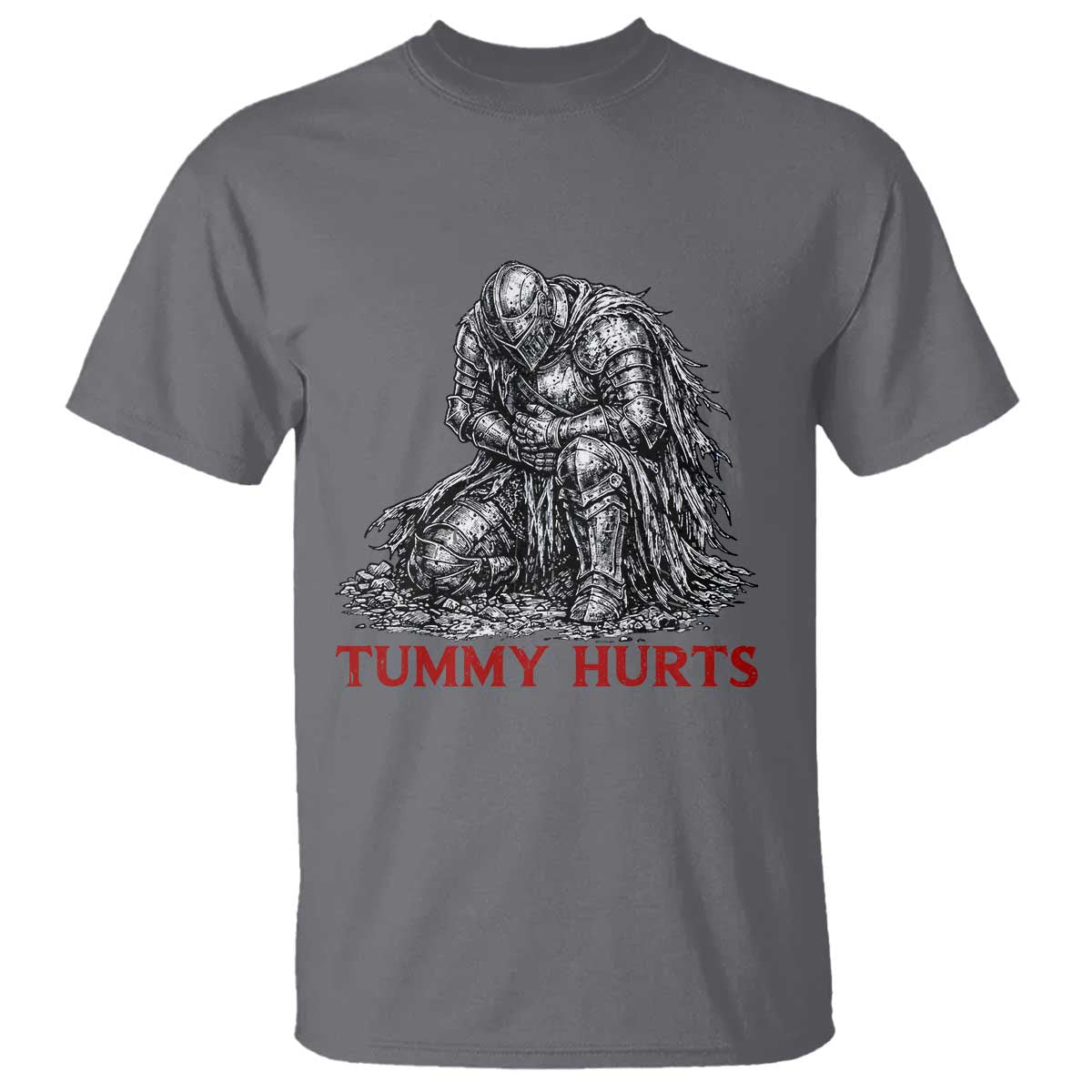 Funny Tummy Hurts Medieval Knight T Shirt Dark Fantasy Warrior Meme Graphic